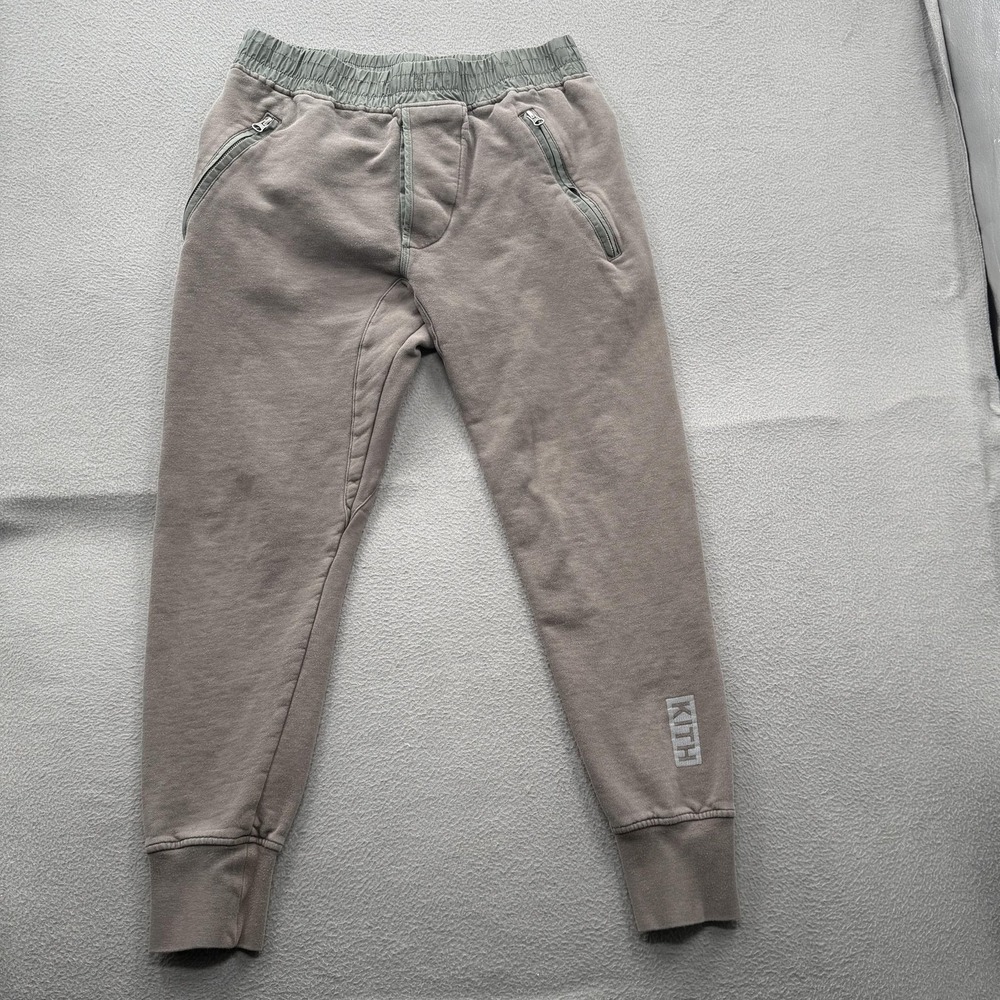 Kith Sweatpants Mens Medium Brown Fleece Joggers Zip Pockets Elastic Logo Cuffed